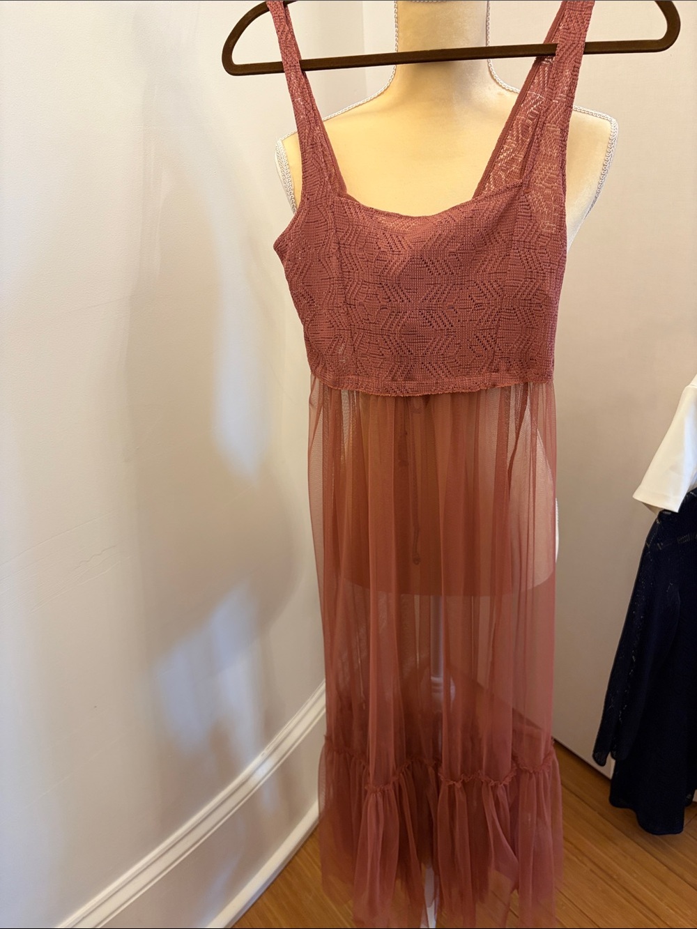 Free People Dusty Rose Crochet Bodice Sheer Maxi Dress